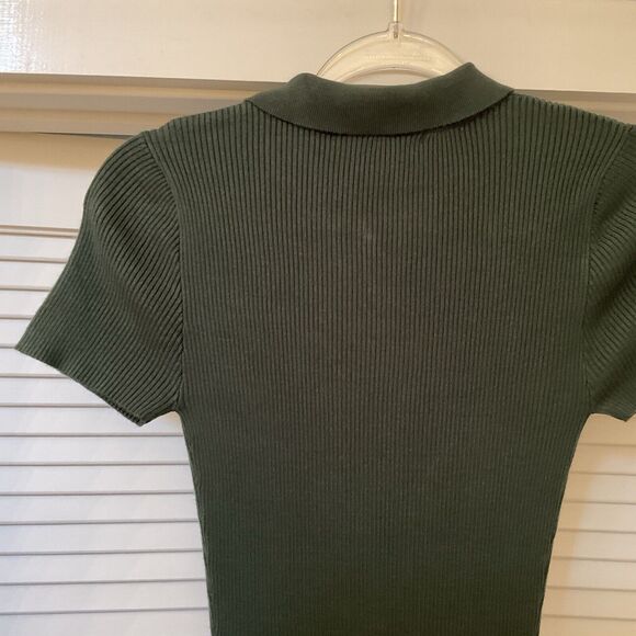 Collectif Vintage Green Ribbed Short Sleeve Knit MIDI Dress Collar, Size 2 - Picture 13 of 16